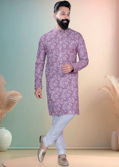 Lavender Cotton Kurta Pajama With Florla Print