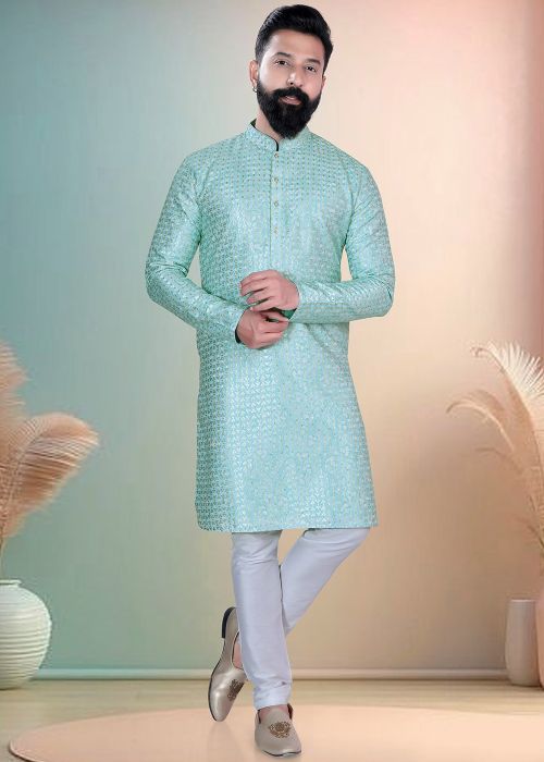Mint Green Cotton Kurta Pajama With Printed Design