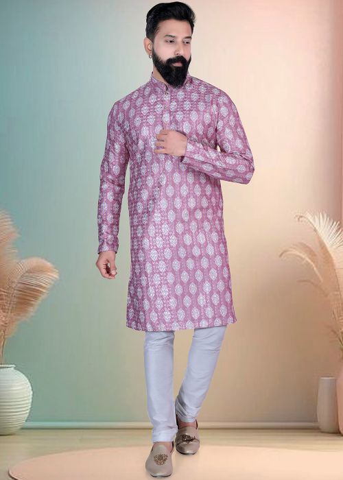 Pink Cotton Kurta Pajama With Print Work