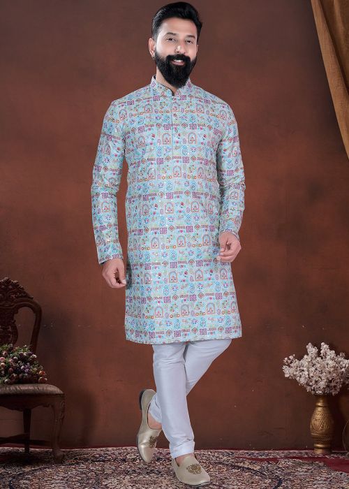 Sky Blue Jacquard Kurta Pajama With Traditional Print