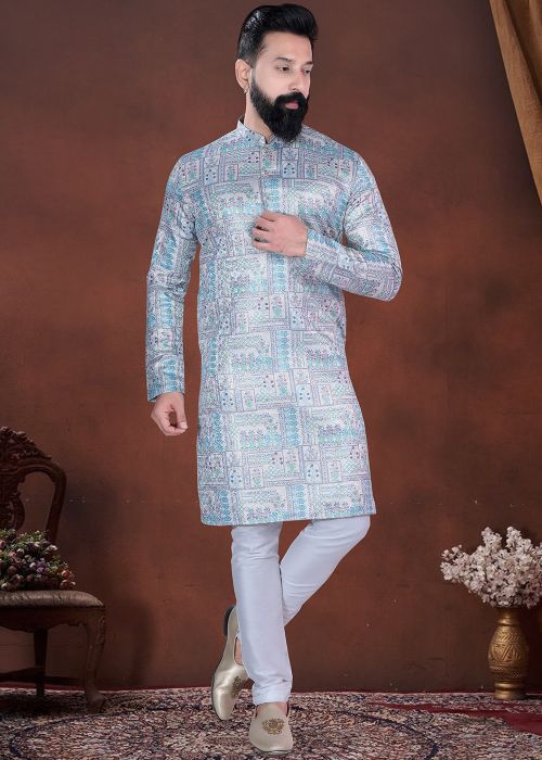 Blue Jacquard Kurta Pajama With Printed Design