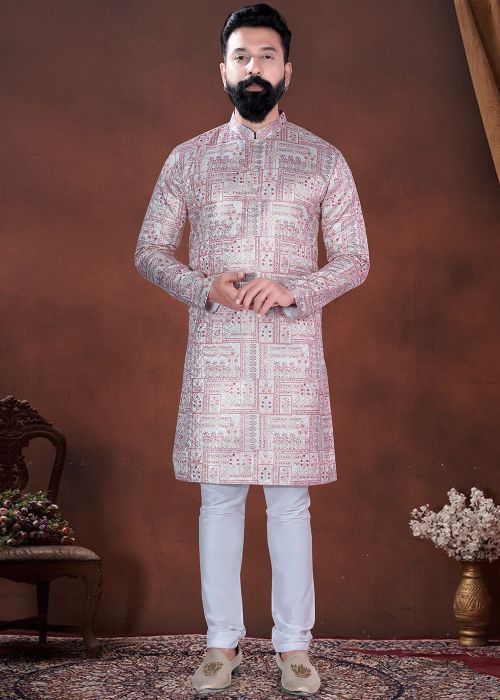 Pink Jacquard Kurta Pajama With Sequin Detailing