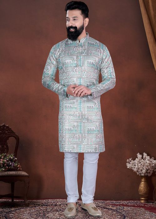 Green Jacquard Kurta Pajama With Thread Print Design