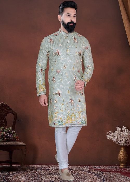 Light Green Cotton Kurta Pajama With Printed Design