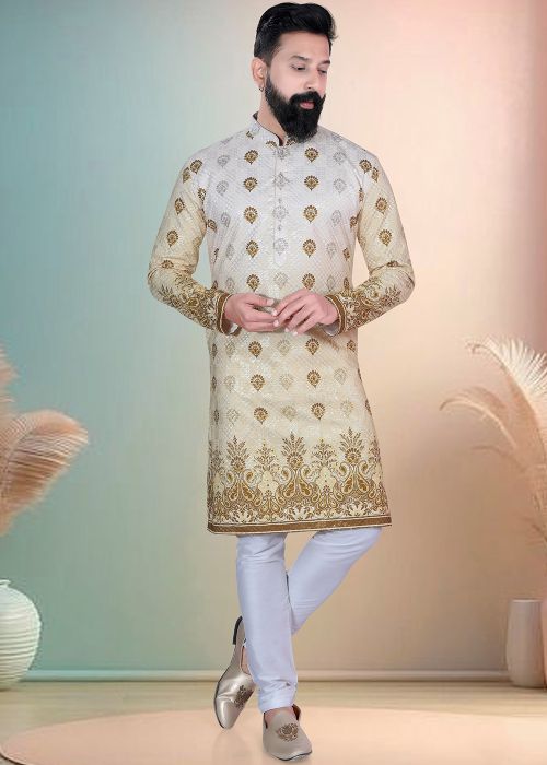 Beige Cotton Kurta Pajama With Gold Printed Work