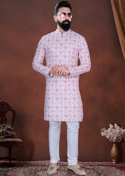 Pink Cotton Kurta Pajama With Print Motifs