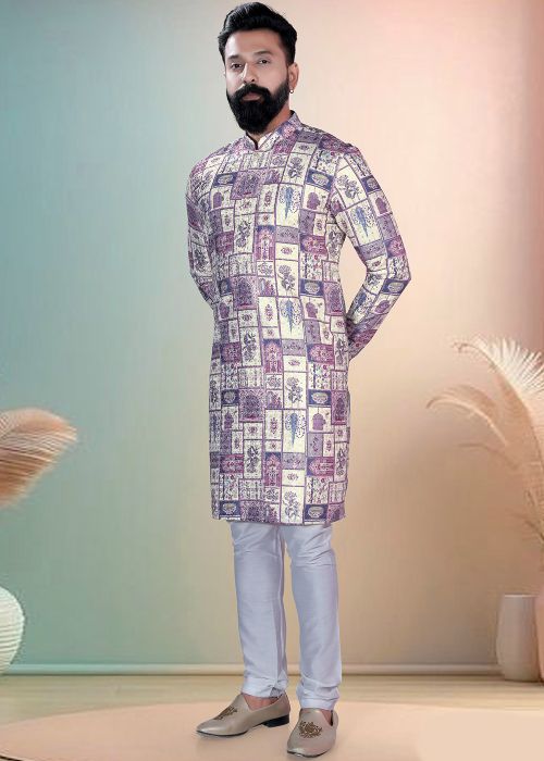 Purple Cotton Kurta Pajama With Heritage Print Design