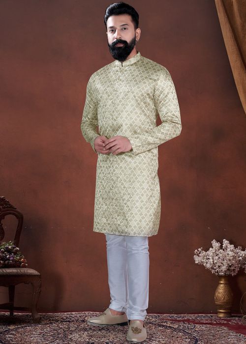 Light Green Cotton Kurta Pajama With Woven Motifs