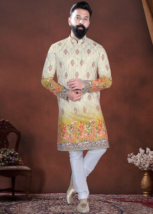 Cream Cotton Kurta Pajama With Floral Printed Hem