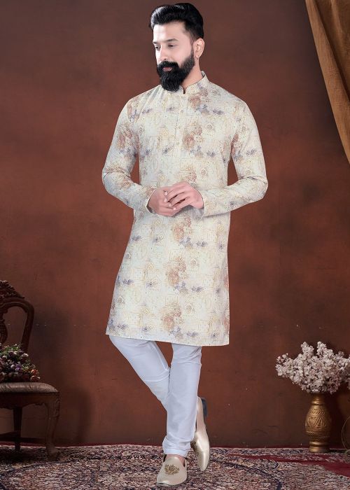 Cream Cotton Kurta Pajama With Heritage Print Highlights