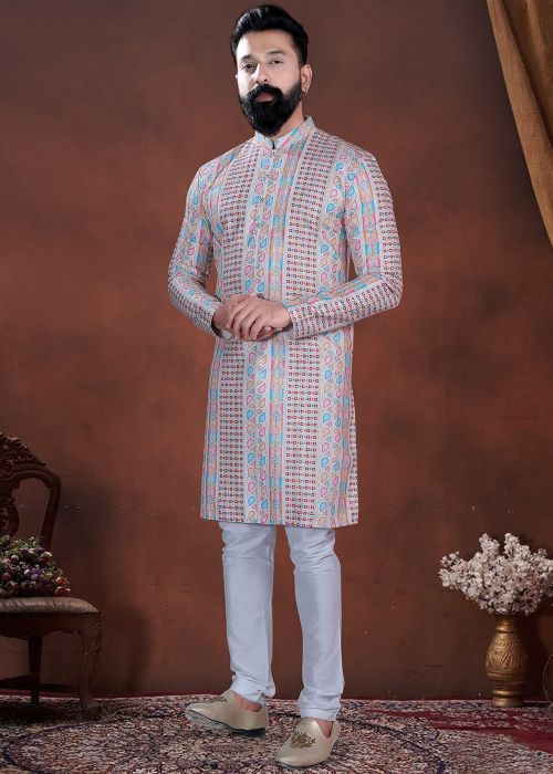 White Cotton Kurta Pajama With Geometric Paisley Print