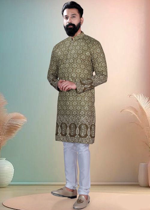 Green Cotton Kurta Pajama With Ornate Border Print