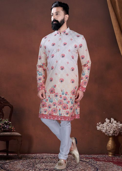 Cream Cotton Kurta Pajama With Red Floral Border
