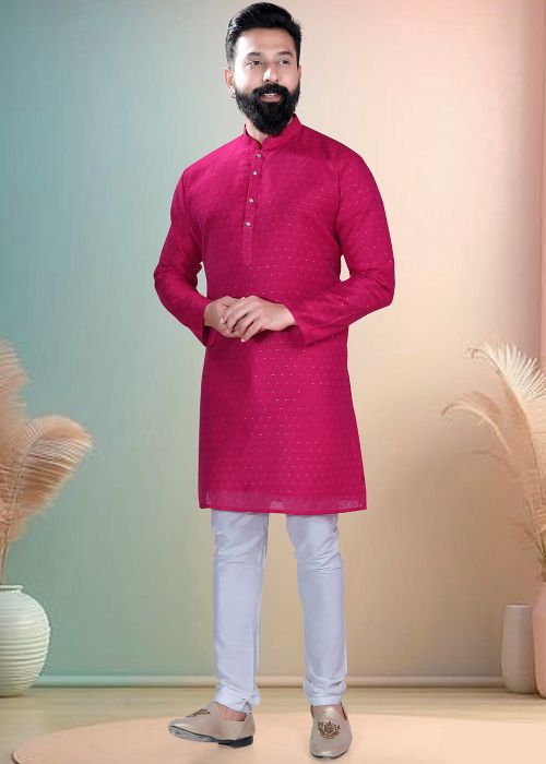 Pink Cotton Kurta Pajama With Subtle Weave