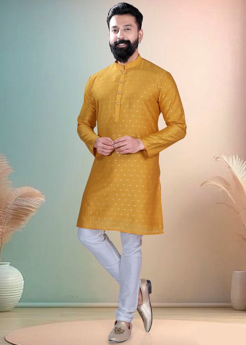 Mustard Yellow Chanderi Kurta Pajama With Micro Motifs