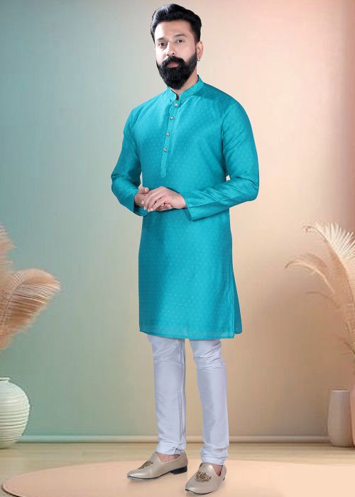 Blue Cotton Kurta Pajama With Textured Weave