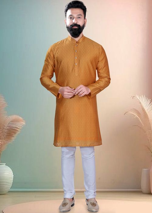 Orange Cotton Kurta Pajama With Jacquard Texture