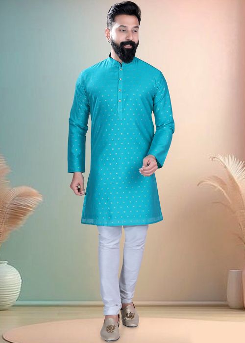 Aqua Blue Chanderi Kurta Pajama With Woven Pattern