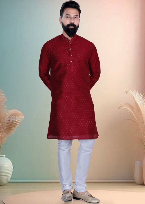 Maroon Cotton Kurta Pajama With Subtle Woven Texture