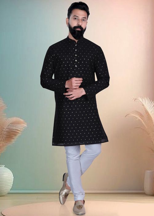Black Chanderi Kurta Pajama With Woven Motifs