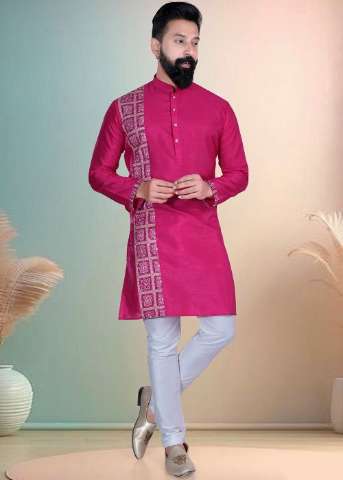 Pink Silk Kurta Pajama With Printed Panel Design