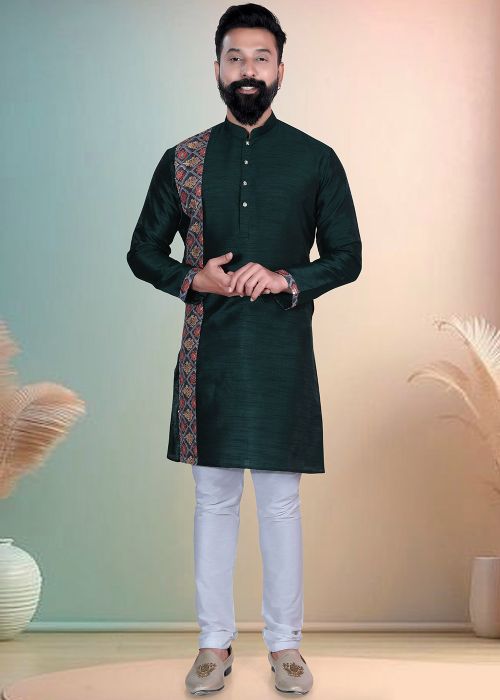 Bottle Green Silk Kurta Pajama With Printed Border