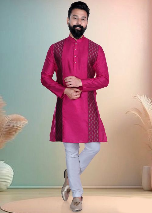 Pink Silk Kurta Pajama With Geometric Printed Panels