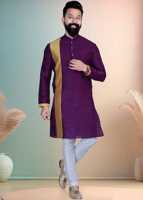 Purple Silk Kurta Pajama With Golden Printed Panel