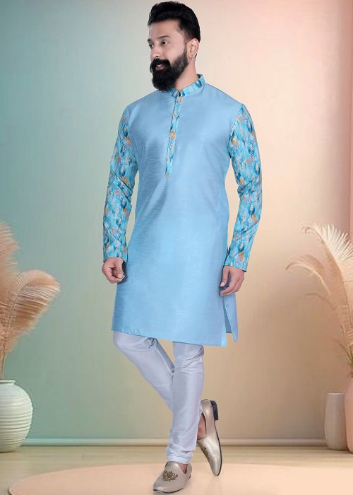Sky Blue Silk Kurta Pajama With Printed Sleeves