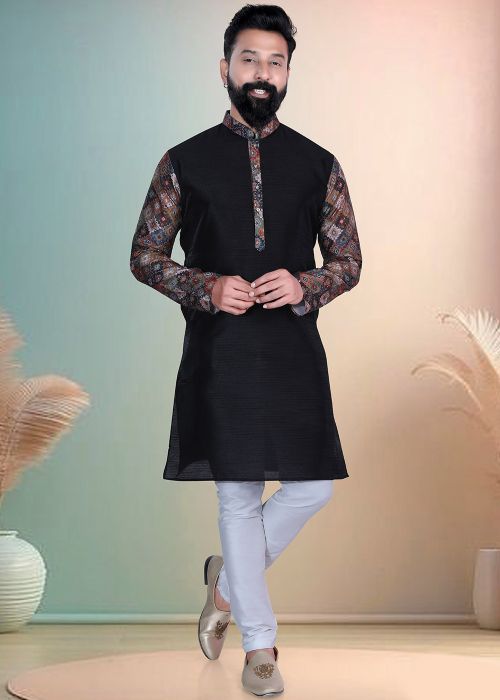 Black Silk Kurta Pajama With Printed Placket