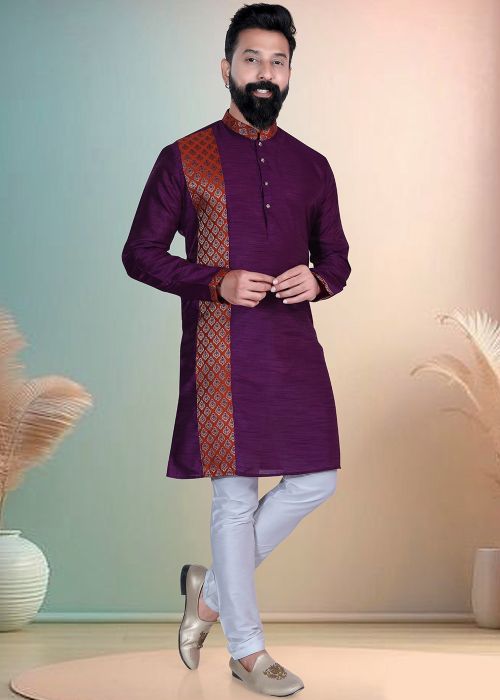Purple Silk Kurta Pajama With Printed Panel