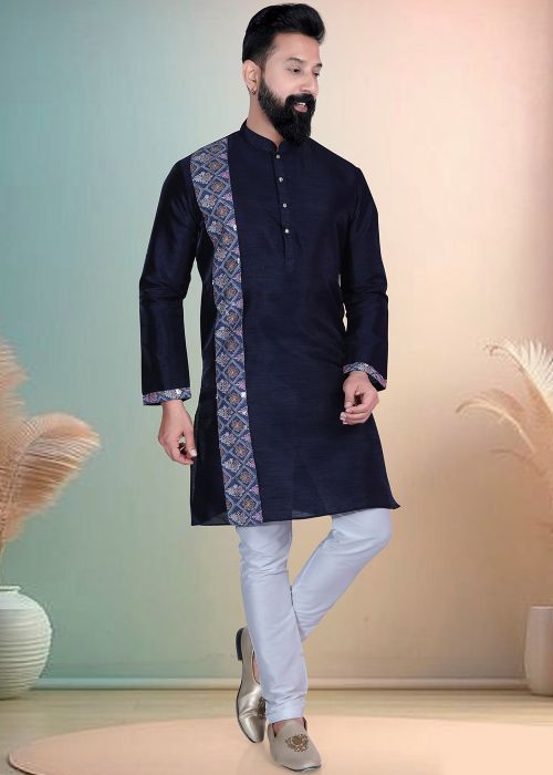 Navy Blue Silk Kurta Pajama With Mosaic Print Trim