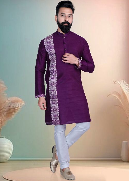 Purple Silk Kurta Pajama With Tribal Print Trim