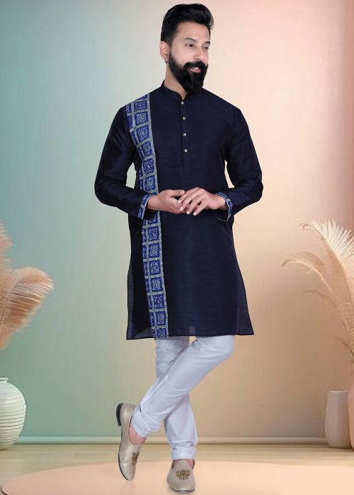 Midnight Blue Silk Kurta Pajama With Blue Trim