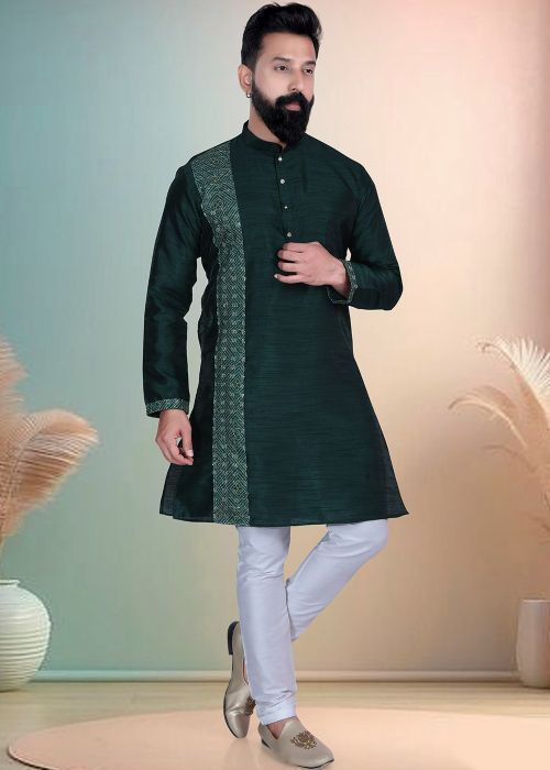 Bottle Green Silk Kurta Pajama With Geo Print