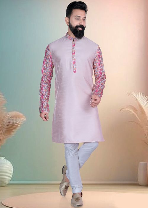 Light Pink Silk Kurta Pajama With Printed Sleeves