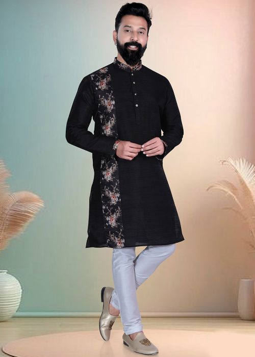 Black Silk Kurta Pajama With Floral Panel