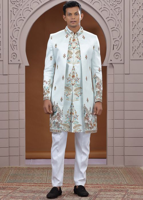 Mint Green Indo Western Sherwani With Thread Work