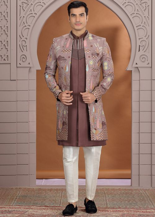 Brown Indo Western Sherwani With Multicolor Thread Work