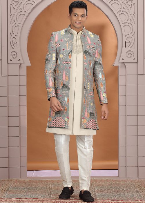 Grey Indo Western Sherwani With Thread Embroidery