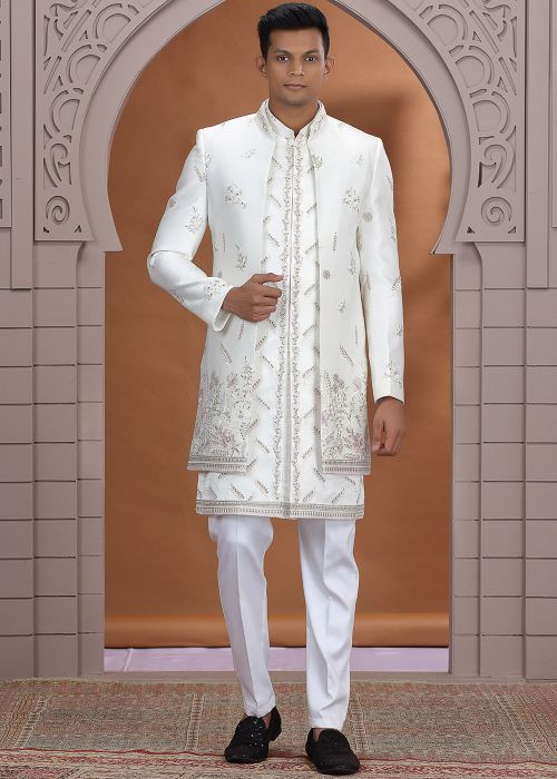 White Indo Western Sherwani With Detailed Embroidery