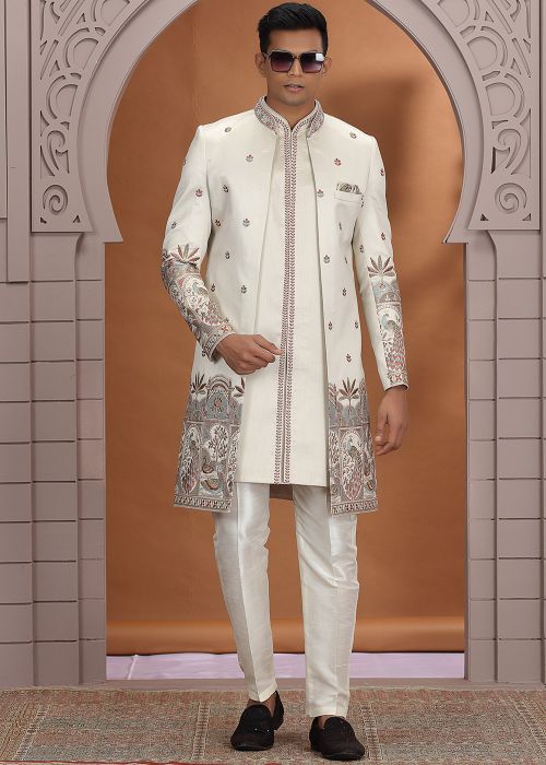 Cream Indo Western Sherwani With Thread Detailing