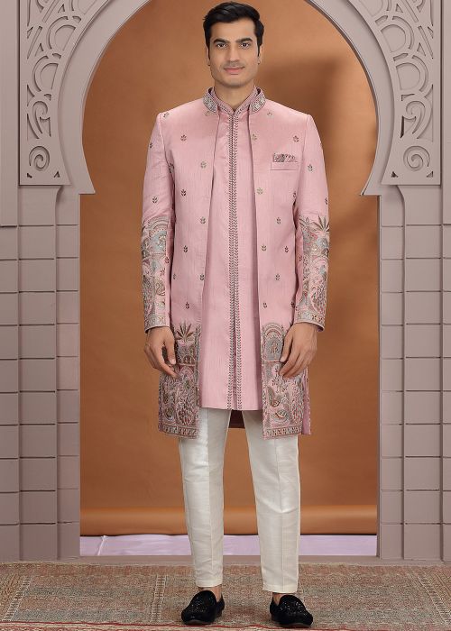 Dusty Pink Indo Western Sherwani With Thread Embroidery