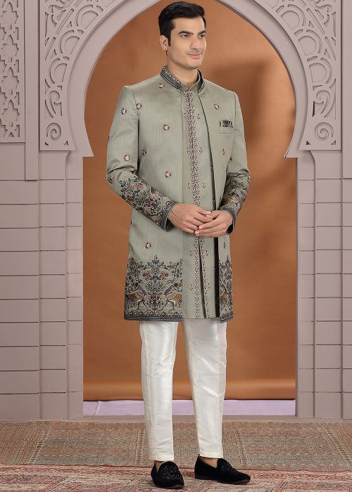 Sage Green Indo Western Sherwani With Thread Embroidery