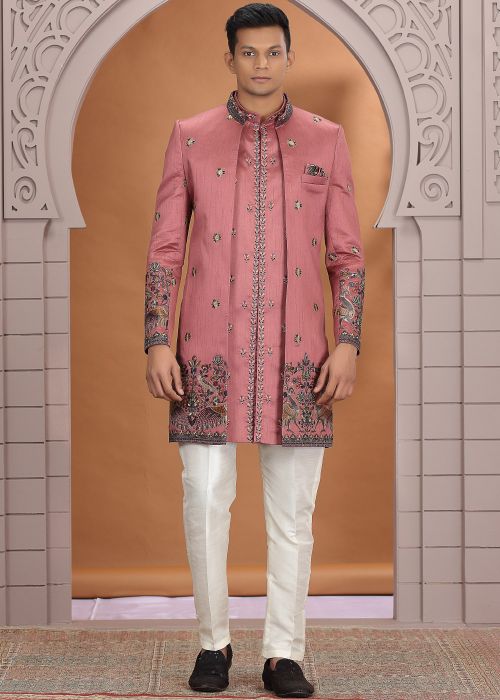 Pink Indo Western Sherwani With Artistic Embroidery