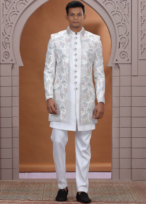 Off White Indo Western Sherwani With Subtle Embroidery
