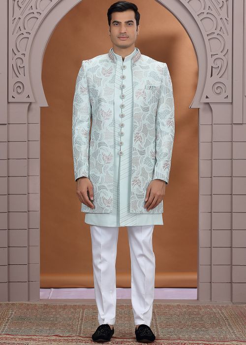 Blue Indo Western Sherwani With Subtle Embroidery