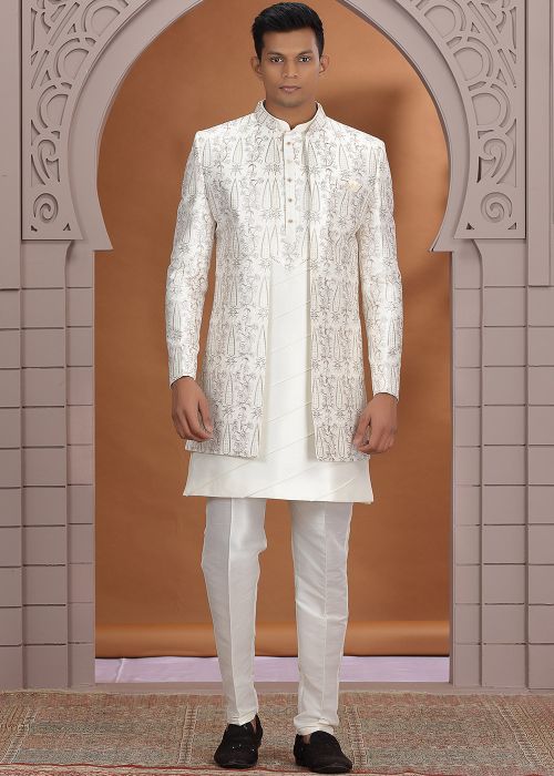 Cream Indo Western Sherwani With Thread Detailing