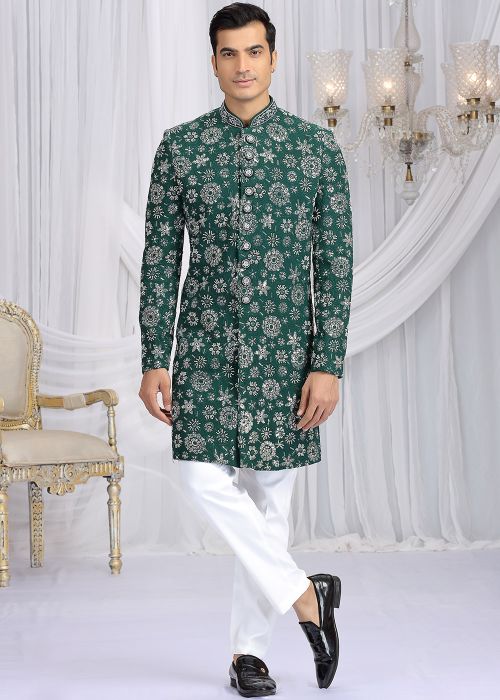 Green Indo Western Sherwani With Thread Embroidery