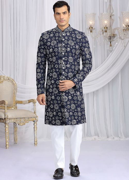 Navy Blue Indo Western Sherwani With Embroidery